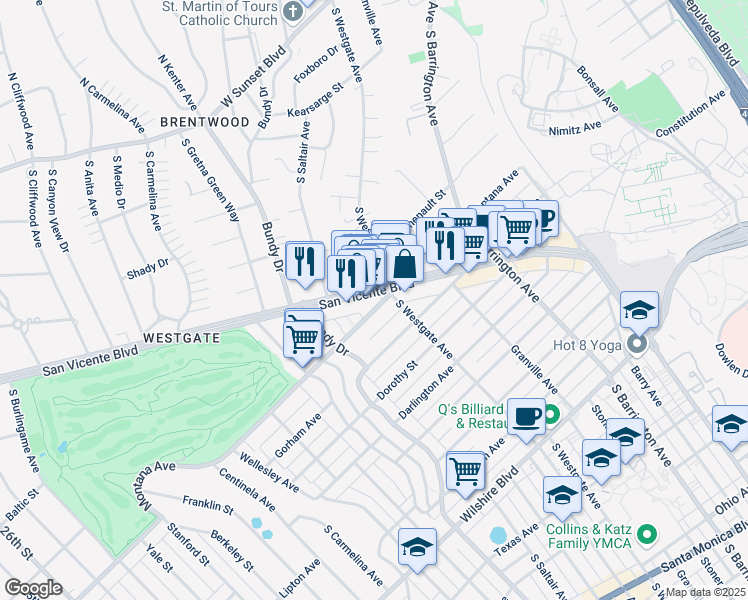 map of restaurants, bars, coffee shops, grocery stores, and more near 11961 Montana Avenue in Los Angeles
