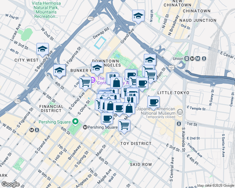 map of restaurants, bars, coffee shops, grocery stores, and more near 213 South Spring Street in Los Angeles