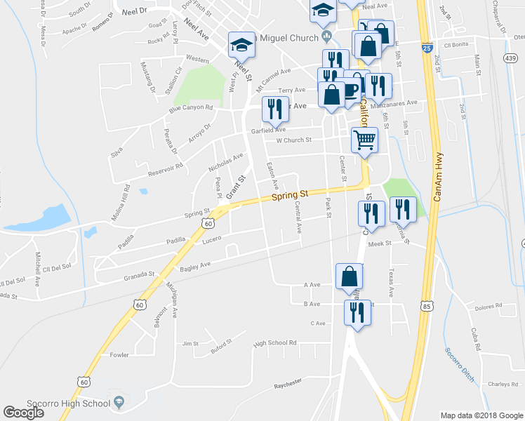 map of restaurants, bars, coffee shops, grocery stores, and more near 504 Grant Street in Socorro