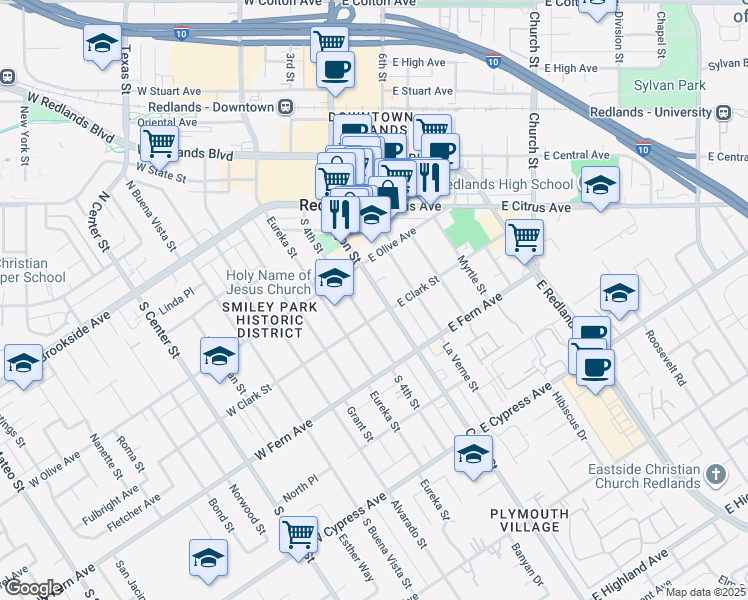 map of restaurants, bars, coffee shops, grocery stores, and more near 312 Cajon Street in Redlands