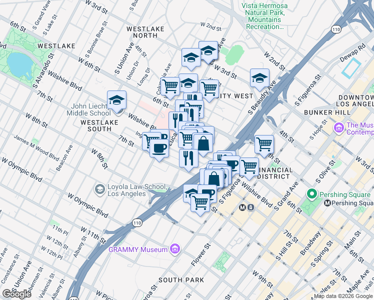 map of restaurants, bars, coffee shops, grocery stores, and more near 1100 Wilshire Boulevard in Los Angeles