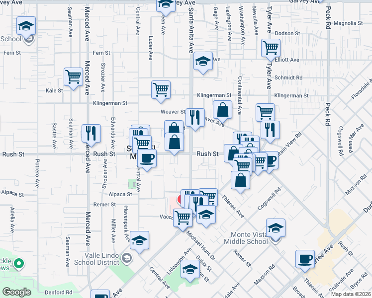 map of restaurants, bars, coffee shops, grocery stores, and more near in South El Monte