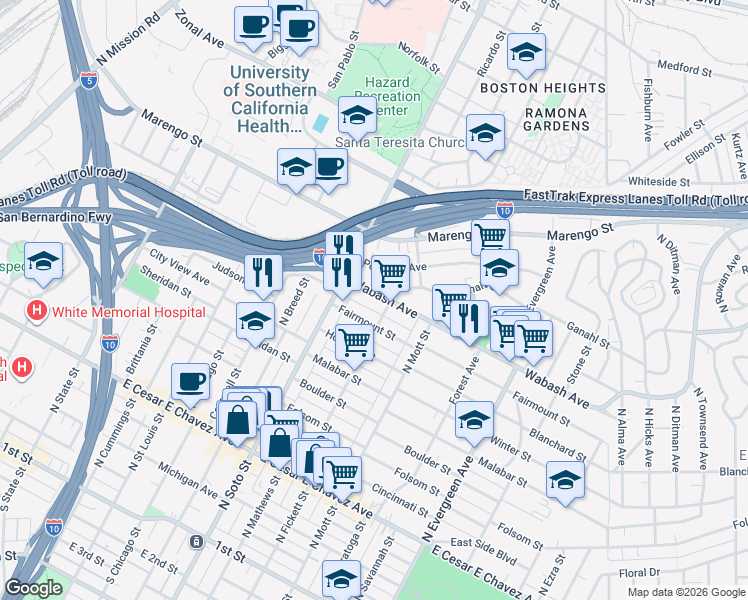 map of restaurants, bars, coffee shops, grocery stores, and more near 2443 1/2 Fairmount Street in Los Angeles