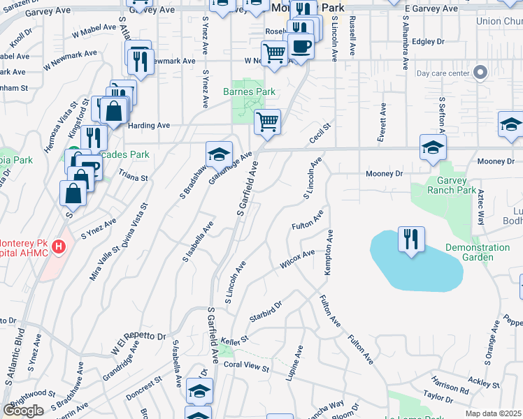 map of restaurants, bars, coffee shops, grocery stores, and more near 742 South Garfield Avenue in Monterey Park