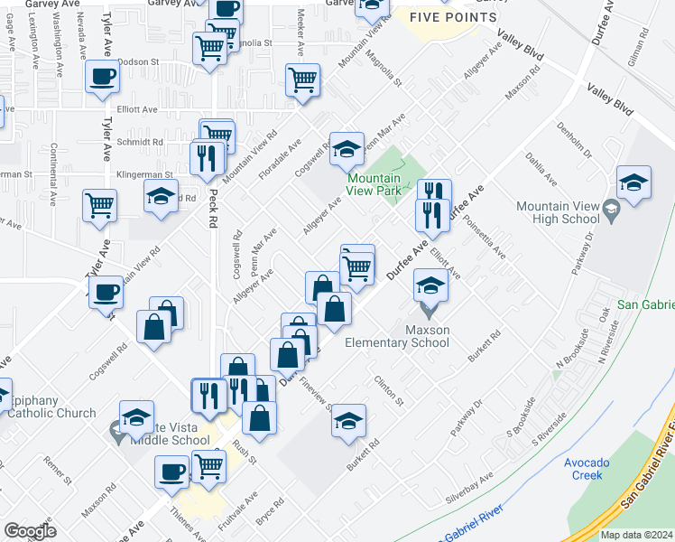 map of restaurants, bars, coffee shops, grocery stores, and more near 12203 Klingerman Street in El Monte