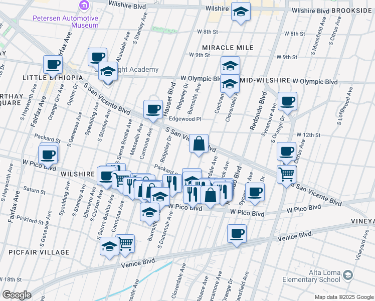 map of restaurants, bars, coffee shops, grocery stores, and more near 1229 South Dunsmuir Avenue in Los Angeles