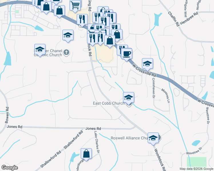 map of restaurants, bars, coffee shops, grocery stores, and more near 5040 Broughton Street in Roswell
