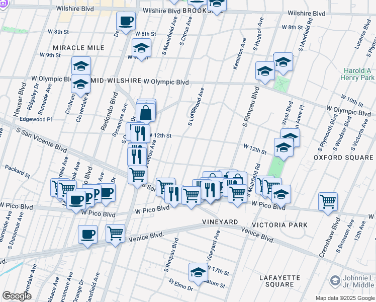 map of restaurants, bars, coffee shops, grocery stores, and more near 1235 South Tremaine Avenue in Los Angeles