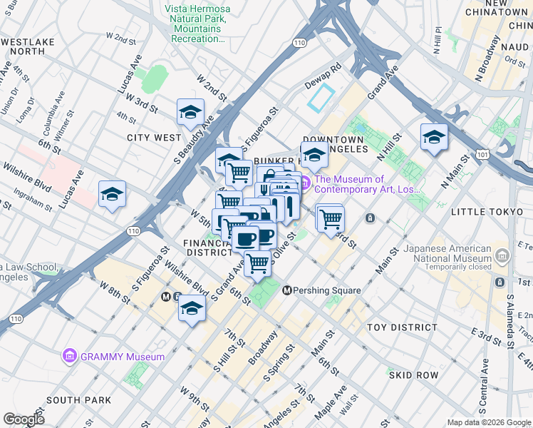 map of restaurants, bars, coffee shops, grocery stores, and more near 355 South Grand Avenue in Los Angeles