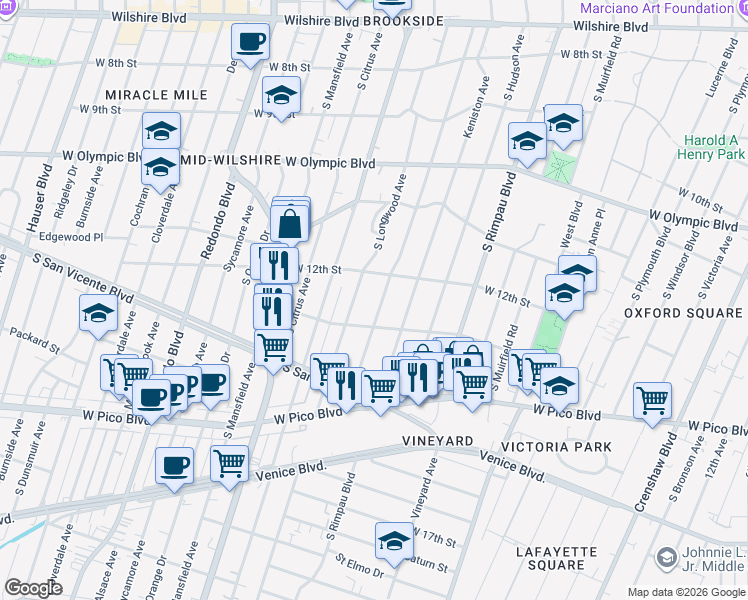 map of restaurants, bars, coffee shops, grocery stores, and more near 1235 South Tremaine Avenue in Los Angeles