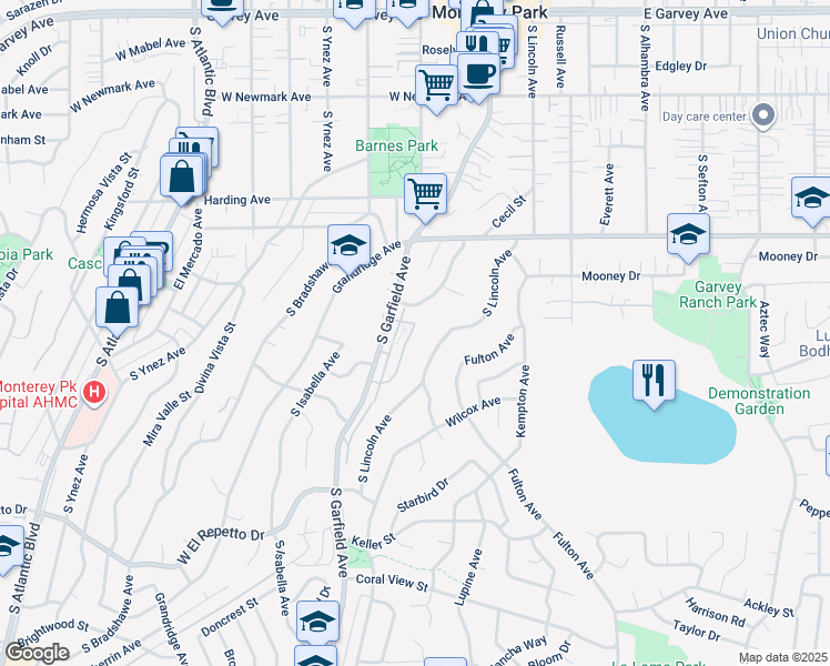 map of restaurants, bars, coffee shops, grocery stores, and more near 742 South Garfield Avenue in Monterey Park