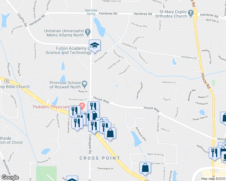 map of restaurants, bars, coffee shops, grocery stores, and more near Newcastle Court in Roswell