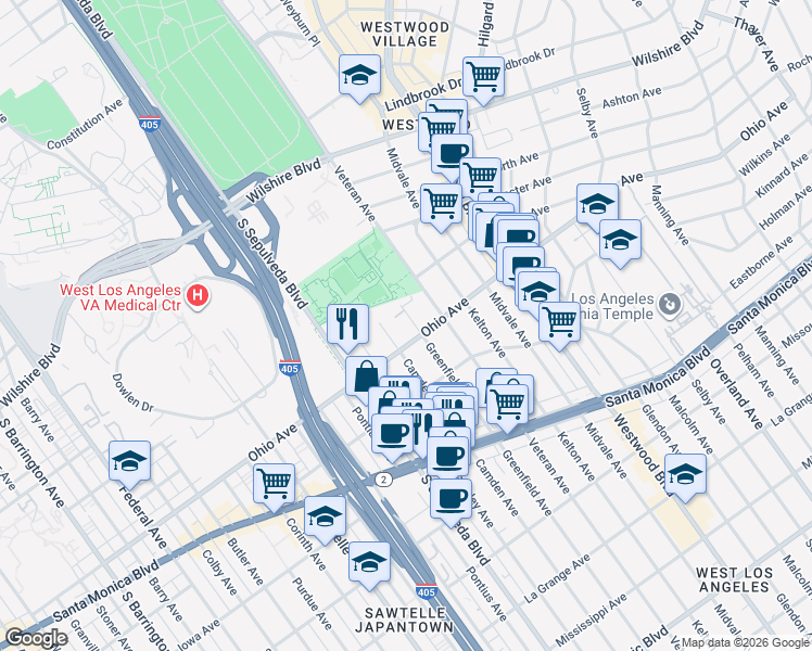 map of restaurants, bars, coffee shops, grocery stores, and more near 1421 Greenfield Avenue in Los Angeles