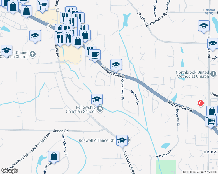 map of restaurants, bars, coffee shops, grocery stores, and more near 1095 Lyndhurst Way in Roswell
