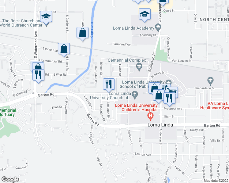 map of restaurants, bars, coffee shops, grocery stores, and more near 24612 University Avenue in Loma Linda