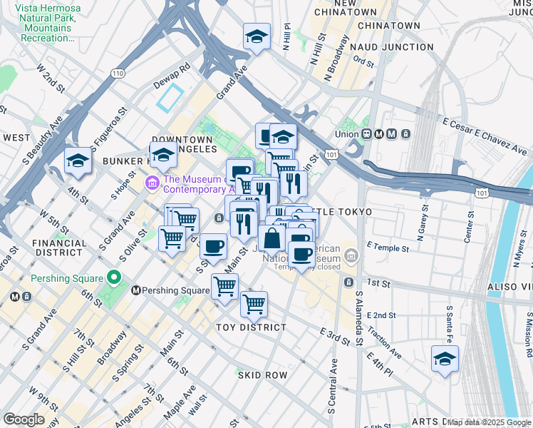map of restaurants, bars, coffee shops, grocery stores, and more near 1800 Paseo Rancho Castilla in Los Angeles