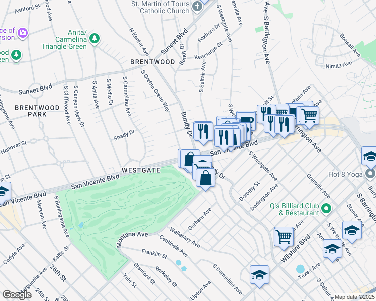map of restaurants, bars, coffee shops, grocery stores, and more near 12115 San Vicente Boulevard in Los Angeles