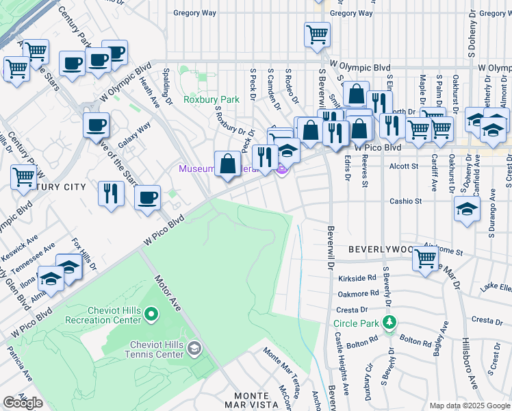 map of restaurants, bars, coffee shops, grocery stores, and more near 1420 Ambassador Street in Los Angeles