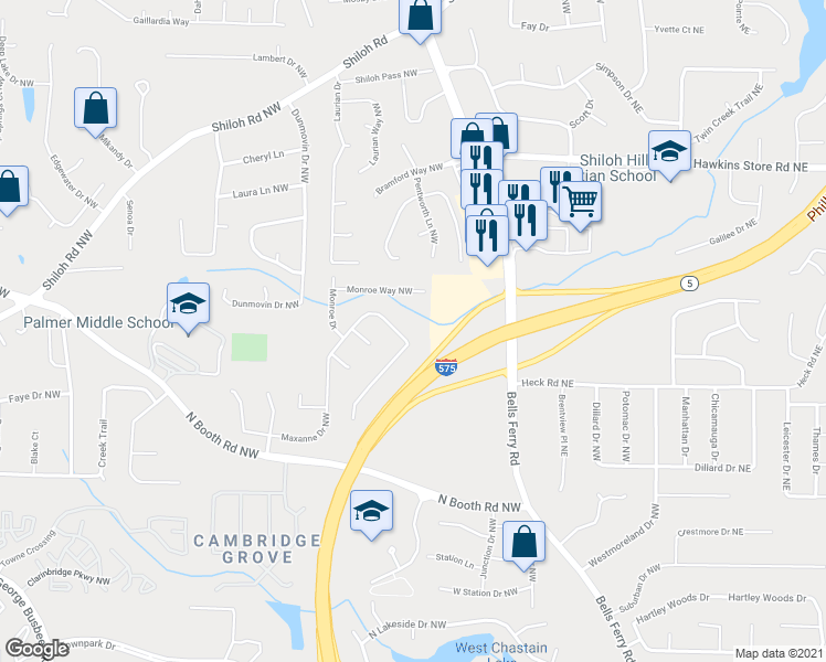 map of restaurants, bars, coffee shops, grocery stores, and more near 4081 Maxanne Drive in Kennesaw
