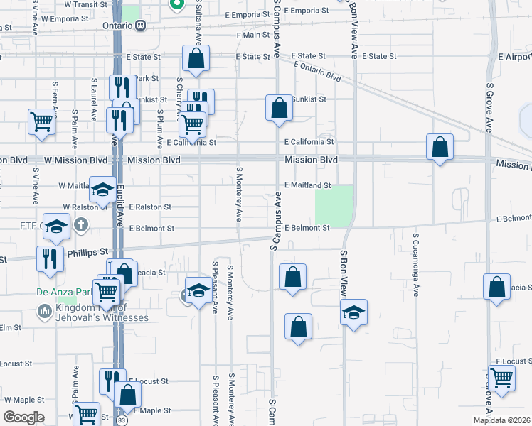 map of restaurants, bars, coffee shops, grocery stores, and more near 644 East Belmont Street in Ontario
