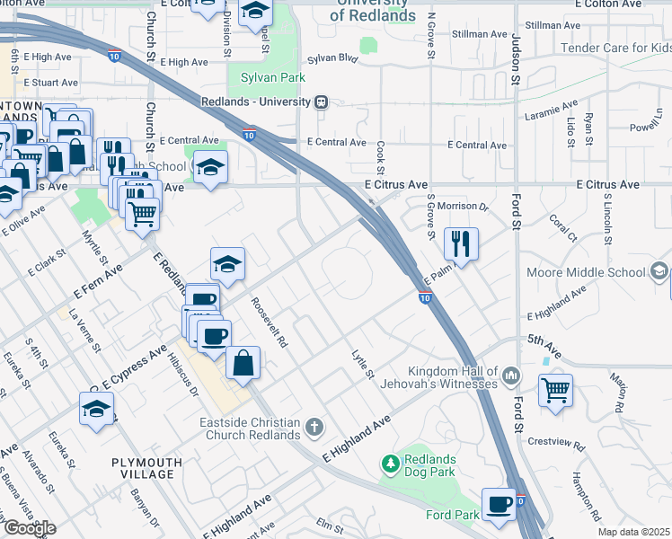 map of restaurants, bars, coffee shops, grocery stores, and more near 1089 Ardmore Circle in Redlands