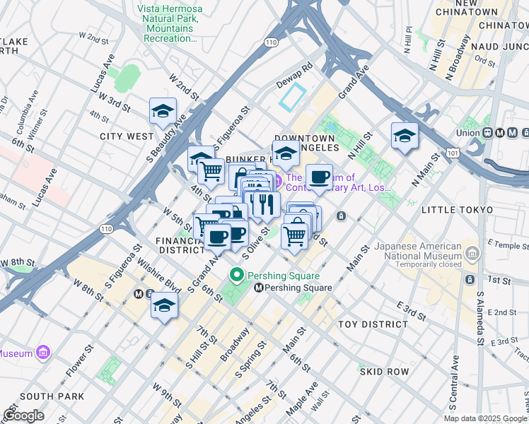 map of restaurants, bars, coffee shops, grocery stores, and more near 300 South Grand Avenue in Los Angeles