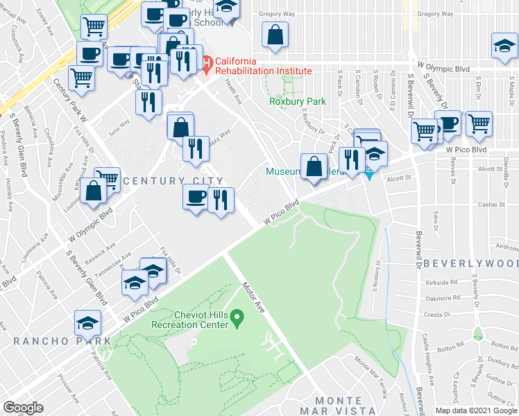 map of restaurants, bars, coffee shops, grocery stores, and more near 10114 Empyrean Way in Los Angeles