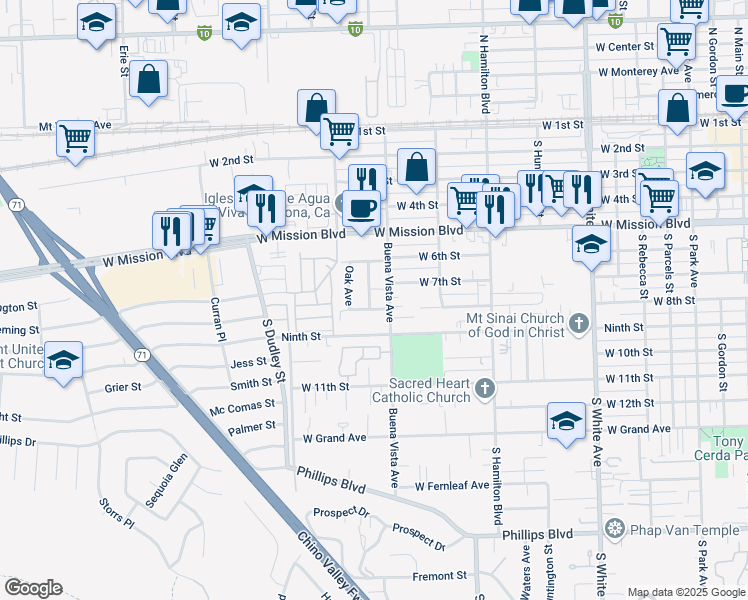 map of restaurants, bars, coffee shops, grocery stores, and more near 762 South Currier Street in Pomona