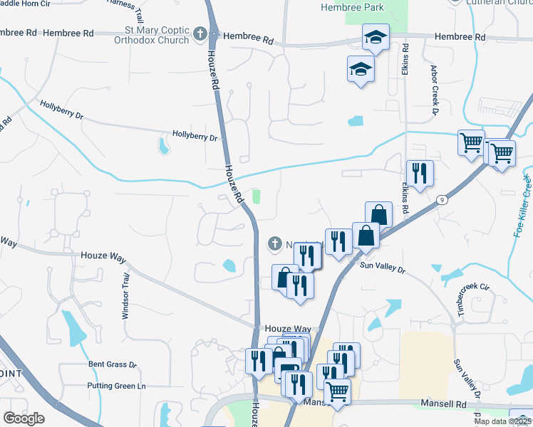 map of restaurants, bars, coffee shops, grocery stores, and more near 11190 Hembree Springs Drive in Roswell