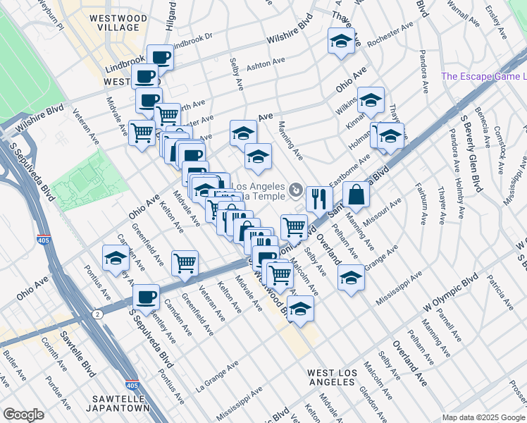 map of restaurants, bars, coffee shops, grocery stores, and more near 10755 Massachusetts Avenue in Los Angeles