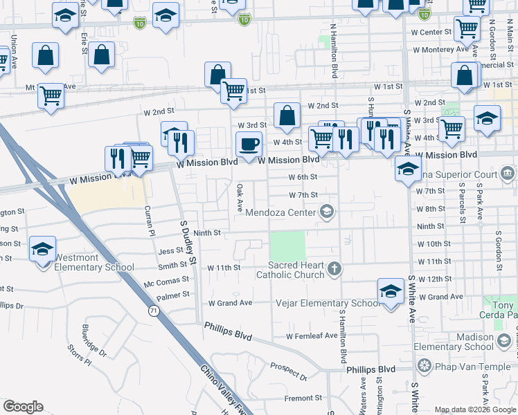 map of restaurants, bars, coffee shops, grocery stores, and more near 690 South Currier Street in Pomona