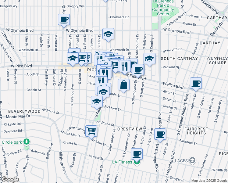 map of restaurants, bars, coffee shops, grocery stores, and more near 1455 South Wooster Street in Los Angeles