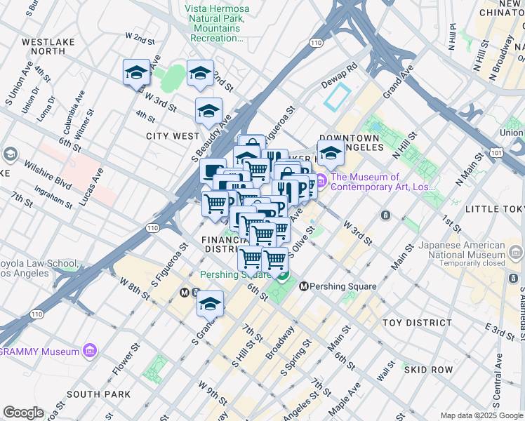 map of restaurants, bars, coffee shops, grocery stores, and more near 401 South Hope Street in Los Angeles