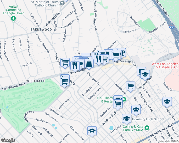 map of restaurants, bars, coffee shops, grocery stores, and more near 11911 Montana Avenue in Los Angeles