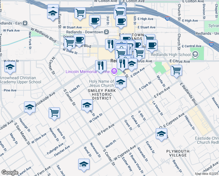 map of restaurants, bars, coffee shops, grocery stores, and more near 129 Grant Street in Redlands