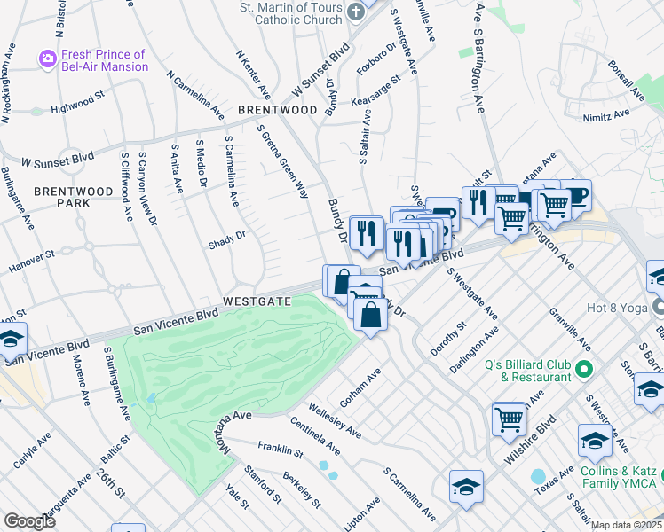 map of restaurants, bars, coffee shops, grocery stores, and more near 668 South Gretna Green Way in Los Angeles