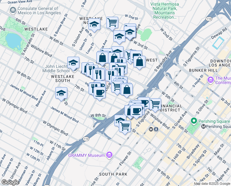 map of restaurants, bars, coffee shops, grocery stores, and more near 1100 Wilshire Boulevard in Los Angeles