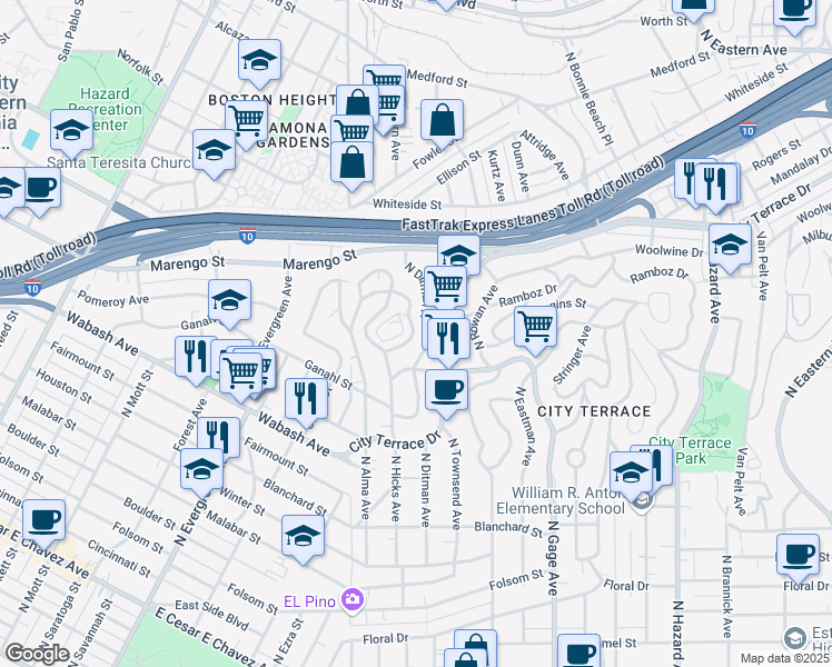 map of restaurants, bars, coffee shops, grocery stores, and more near Dickson Avenue in East Los Angeles