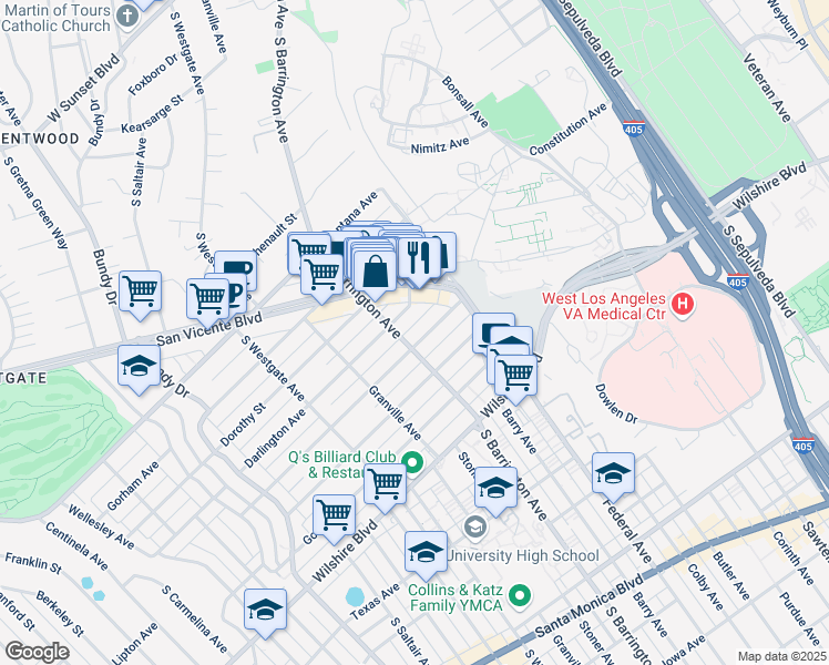 map of restaurants, bars, coffee shops, grocery stores, and more near 11665 Mayfield Avenue in Los Angeles