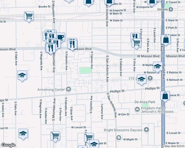 map of restaurants, bars, coffee shops, grocery stores, and more near 1019 South Cypress Avenue in Ontario