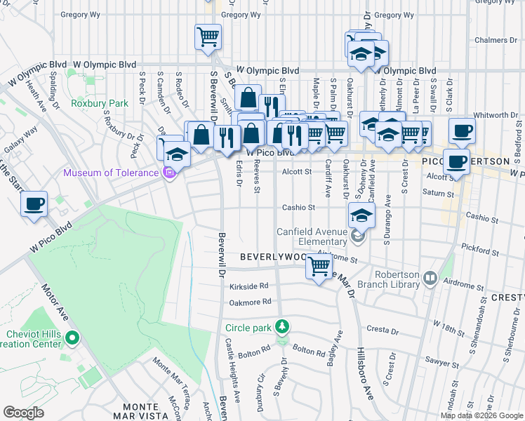 map of restaurants, bars, coffee shops, grocery stores, and more near 1473 Reeves Street in Los Angeles