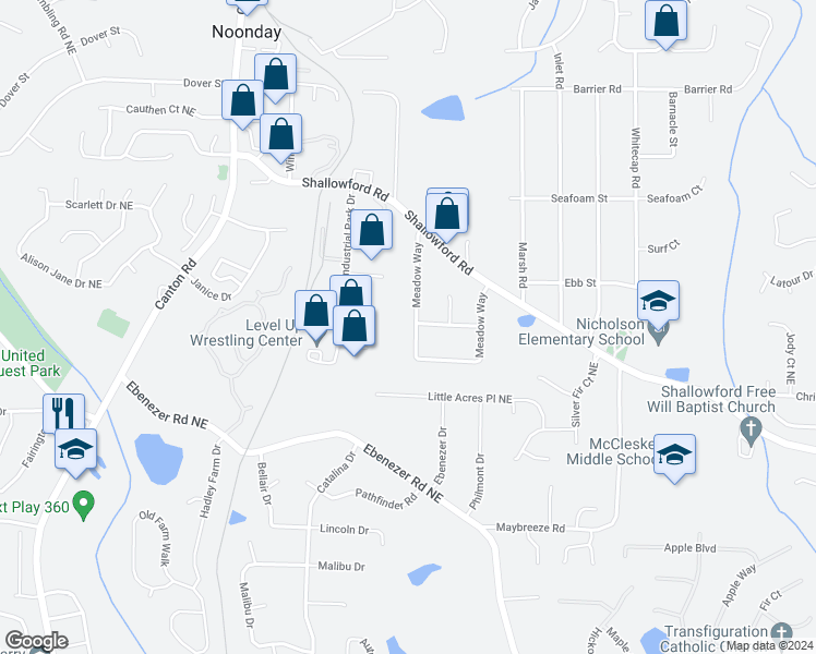 map of restaurants, bars, coffee shops, grocery stores, and more near 4201 Meadow Way in Marietta