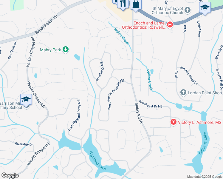 map of restaurants, bars, coffee shops, grocery stores, and more near 4116 Westchester Crossing Northeast in Roswell