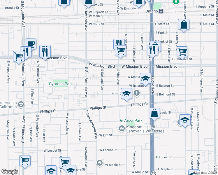 map of restaurants, bars, coffee shops, grocery stores, and more near 530 West Ralston Street in Ontario