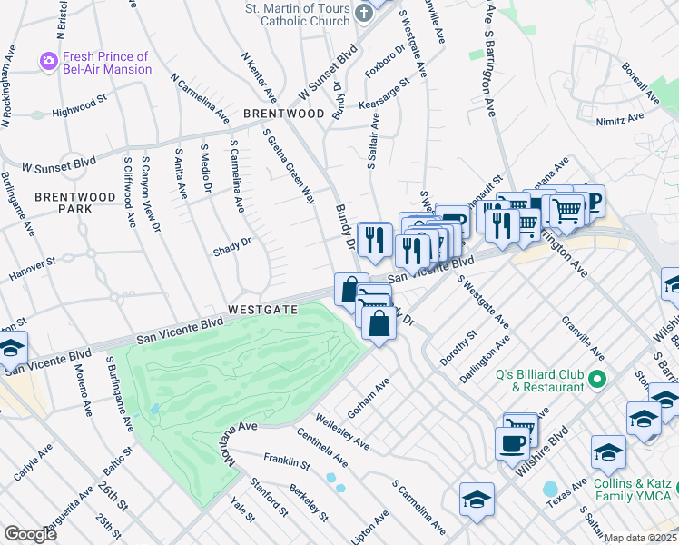 map of restaurants, bars, coffee shops, grocery stores, and more near 668 South Gretna Green Way in Los Angeles