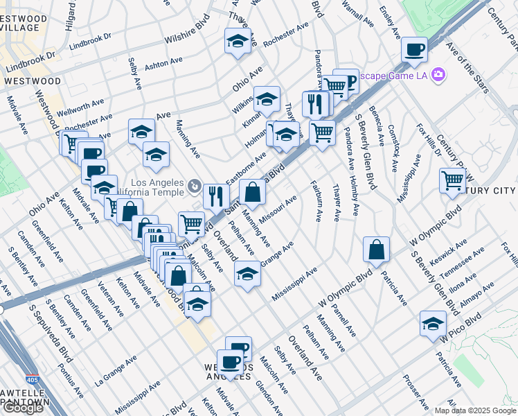 map of restaurants, bars, coffee shops, grocery stores, and more near 1819 Parnell Avenue in Los Angeles