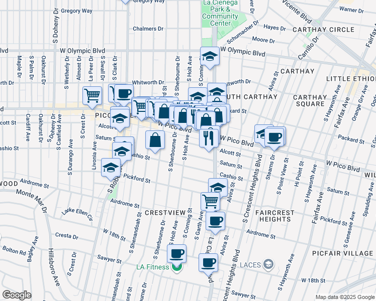map of restaurants, bars, coffee shops, grocery stores, and more near South Holt Avenue in Los Angeles