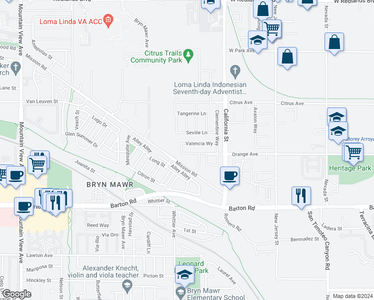 map of restaurants, bars, coffee shops, grocery stores, and more near 26337 Seville Lane in Loma Linda