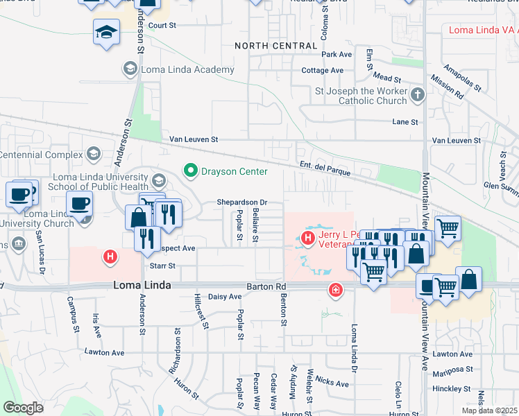 map of restaurants, bars, coffee shops, grocery stores, and more near 25228 Shepardson Drive in Loma Linda