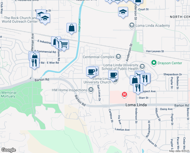map of restaurants, bars, coffee shops, grocery stores, and more near 11052 San Juan Street in Loma Linda